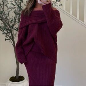 Off-Shoulder Burgundy Sweater set